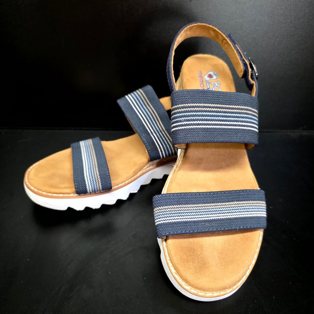 BOBS from Skechers Sandals Womens 10 Navy Blue Striped Memory Foam Platform Lug